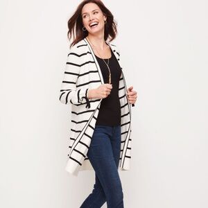 Talbots X Oprah Black n White Striped Tie Cuff Long Line Open Front Cardigan
